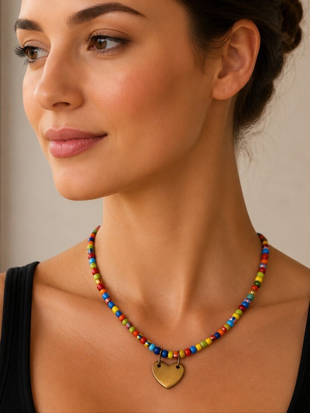 NOON DAY Collection Artisan Colorful Rainbow Glass Beaded Heart Pendant Necklace